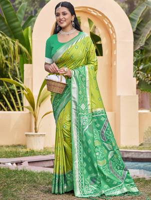 light green pochampalli silk blend ethnic woven partywear saree 1
