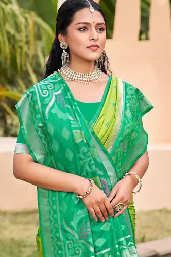 light green pochampalli silk blend ethnic woven partywear saree