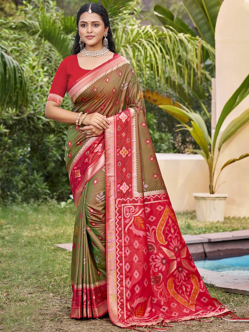 mehandi color pochampalli silk blend fabric ethnic woven designer partywear saree