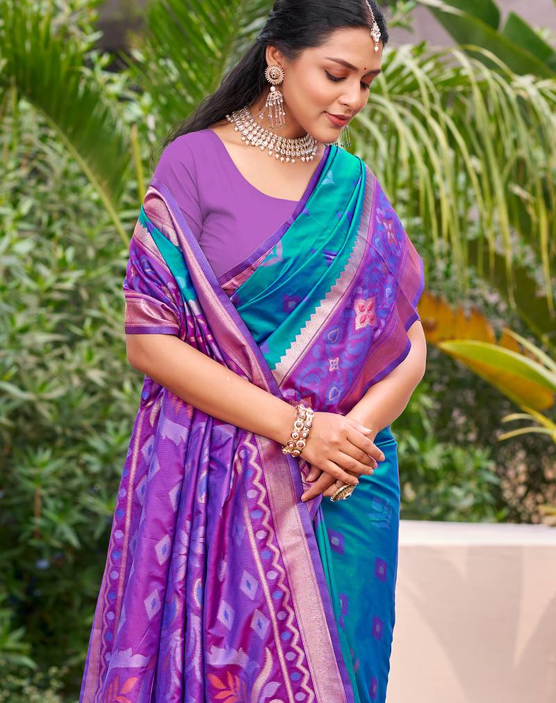 rama blue color pochampalli silk blend fabric ethnic woven designer partywear saree