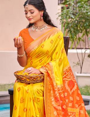 yellow pochampalli silk blend ethnic woven partywear saree 2