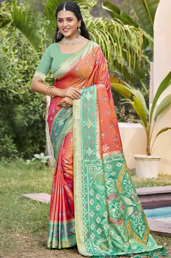 mustard color pochampalli silk blend fabric ethnic woven designer partywear saree