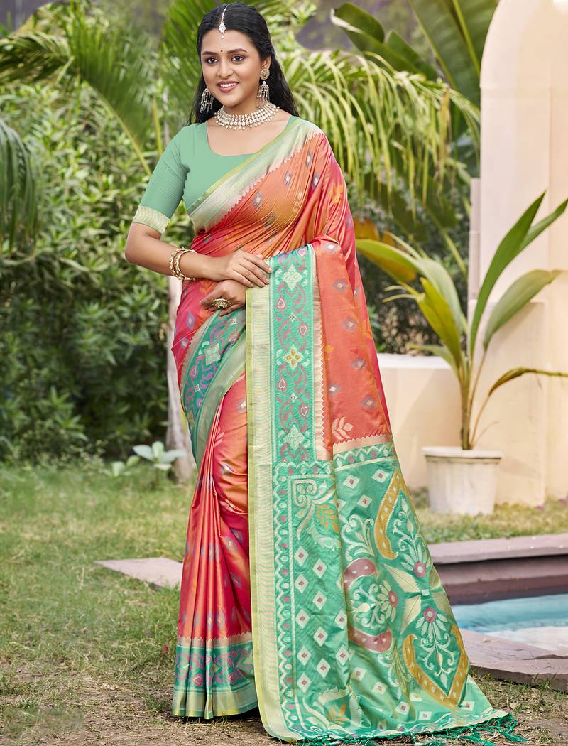 mustard color pochampalli silk blend fabric ethnic woven designer partywear saree