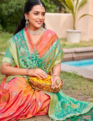 mustard pochampalli silk blend ethnic woven partywear saree 2