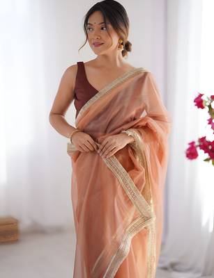 orange stylish gold net graceful girlie saree 3