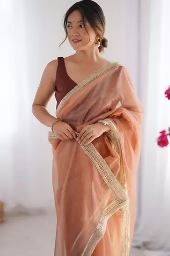 orange stylish gold net graceful girlie saree
