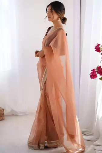 orange stylish gold net graceful girlie saree