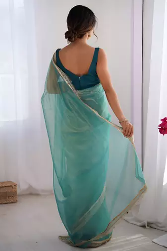 sea green stylish gold net graceful girlie saree