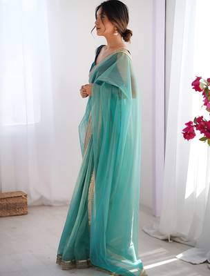 sea green stylish gold net graceful girlie saree 4