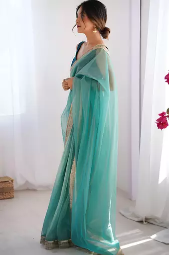 sea green stylish gold net graceful girlie saree