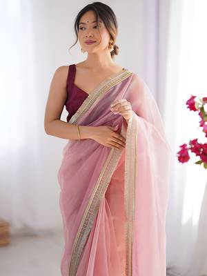 pink stylish gold net graceful girlie saree 3