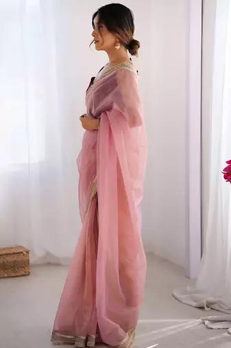 pink stylish gold net graceful girlie saree