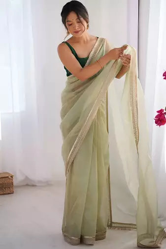 pista color stylish gold net fabric graceful girlie saree