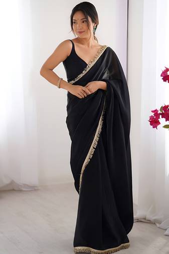 black color space art silk fabric saree with zalar lace border ethnic girlie saree