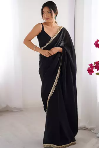 black color space art silk fabric saree with zalar lace border ethnic girlie saree