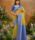 Yellow handloom weaving paper silk saree with matching paper silk blouse