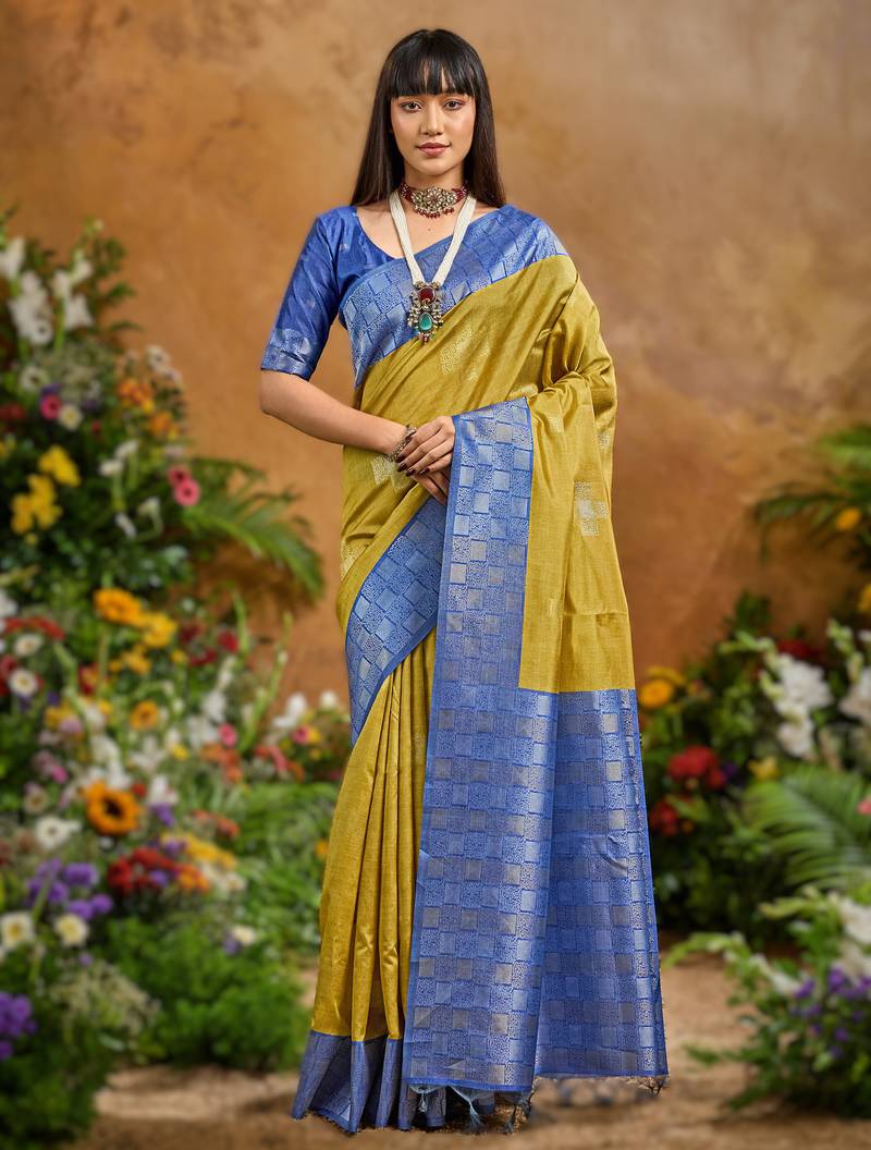 Yellow handloom weaving paper silk saree with matching paper silk blouse