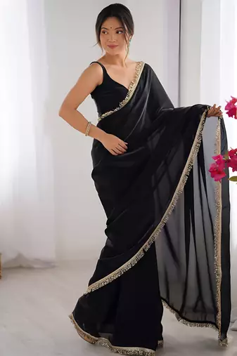 black space art silk blend saree with zalar lace border ethnic girlie saree