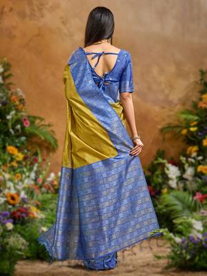 Yellow weaving paper silk blend saree with matching paper silk blend blouse 2