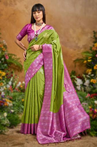 Green handloom weaving paper silk saree with matching paper silk blouse