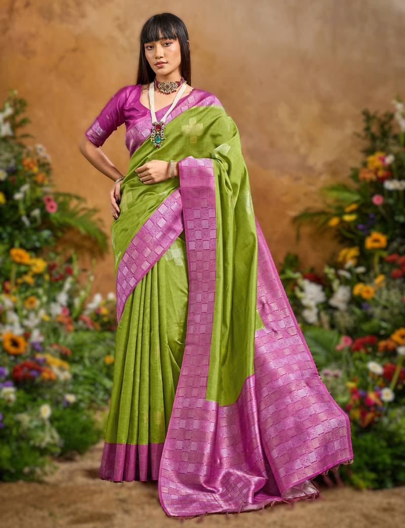 Green handloom weaving paper silk saree with matching paper silk blouse
