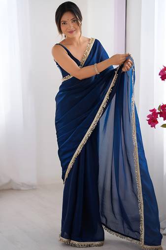blue color space art silk fabric saree with zalar lace border ethnic girlie saree