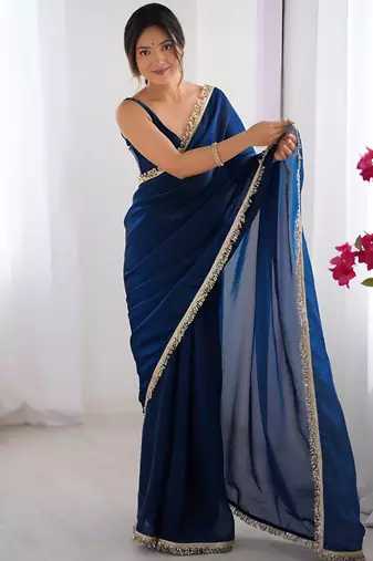 blue color space art silk fabric saree with zalar lace border ethnic girlie saree