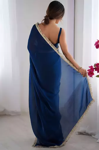 blue space art silk blend saree with zalar lace border ethnic girlie saree