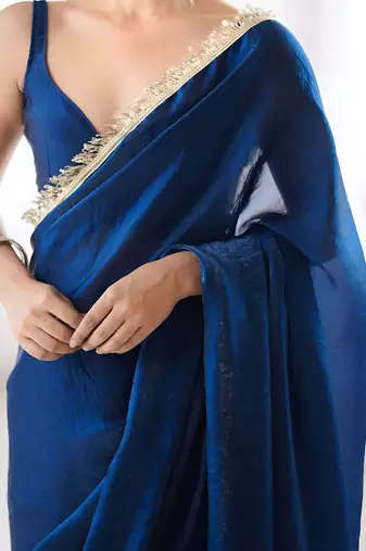 blue space art silk blend saree with zalar lace border ethnic girlie saree