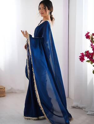 blue space art silk blend saree with zalar lace border ethnic girlie saree 4