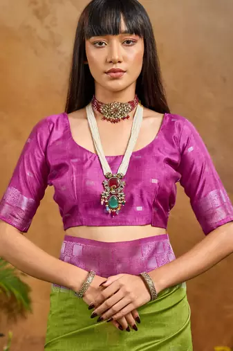 Green weaving paper silk blend saree with matching paper silk blend blouse