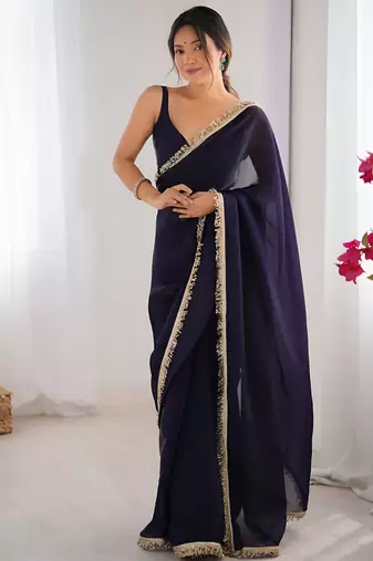 purple color space art silk fabric saree with zalar lace border ethnic girlie saree