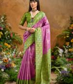 Onion pink handloom weaving paper silk saree with matching paper silk blouse
