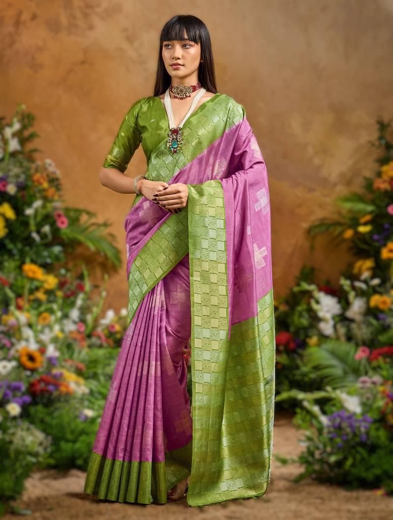 Onion pink handloom weaving paper silk saree with matching paper silk blouse