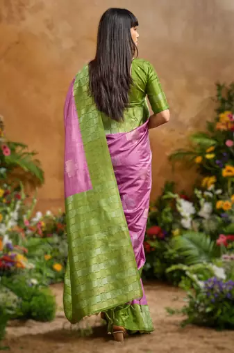 Onion pink weaving paper silk blend saree with matching paper silk blend blouse