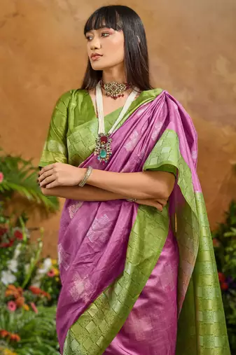 Onion pink weaving paper silk blend saree with matching paper silk blend blouse