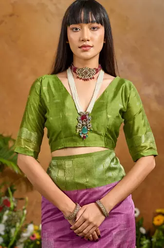 Onion pink weaving paper silk blend saree with matching paper silk blend blouse