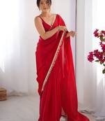 red color space art silk fabric saree with zalar lace border ethnic girlie saree