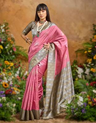 Pink weaving paper silk blend saree with matching paper silk blend blouse 1