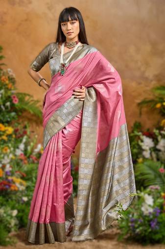 Pink handloom weaving paper silk saree with matching paper silk blouse