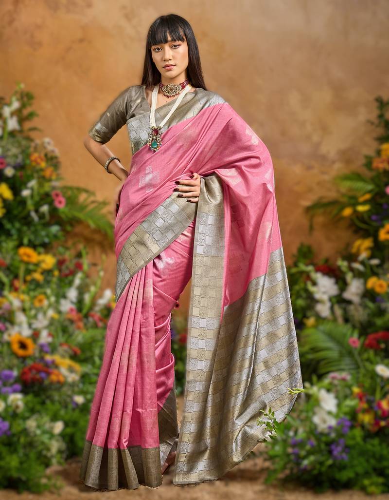 Pink handloom weaving paper silk saree with matching paper silk blouse