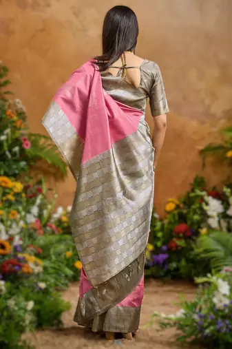 Pink weaving paper silk blend saree with matching paper silk blend blouse