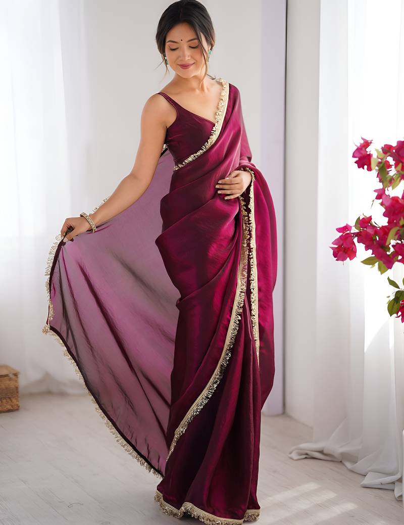 wine color space art silk fabric saree with zalar lace border ethnic girlie saree