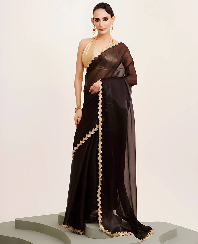 black color jimmy choo fabric saree with sequance codding lace border ethnic girlie saree