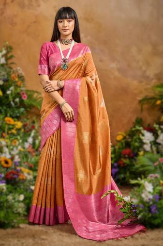 Orange handloom weaving paper silk saree with matching paper silk blouse