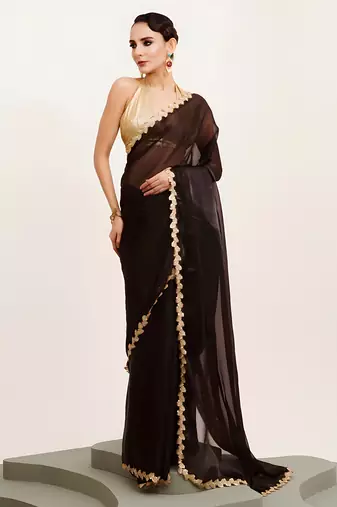 black jimmy choo saree with Sequin codding lace border ethnic girlie saree