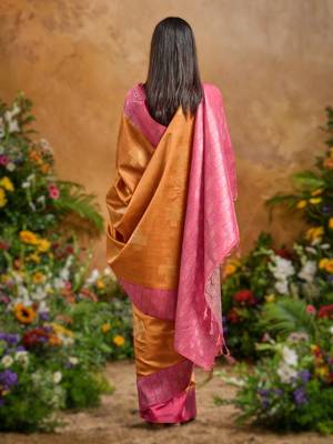 Orange weaving paper silk blend saree with matching paper silk blend blouse 2