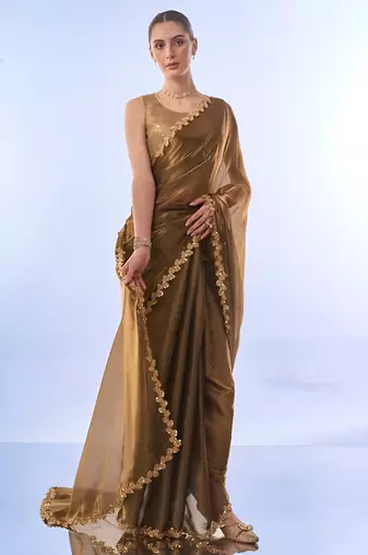 gold color jimmy choo fabric saree with sequance codding lace border ethnic girlie saree