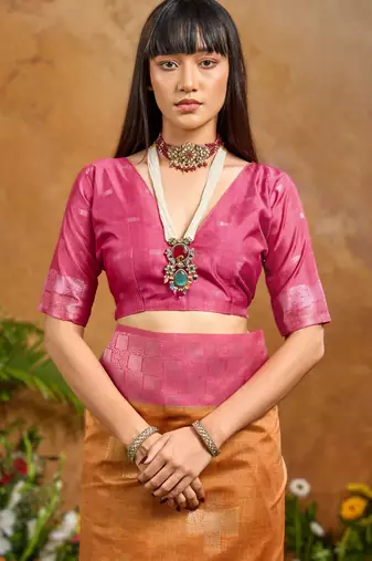 Orange weaving paper silk blend saree with matching paper silk blend blouse