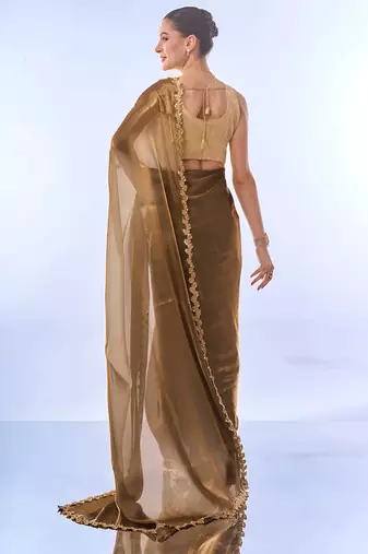 gold jimmy choo saree with Sequin codding lace border ethnic girlie saree